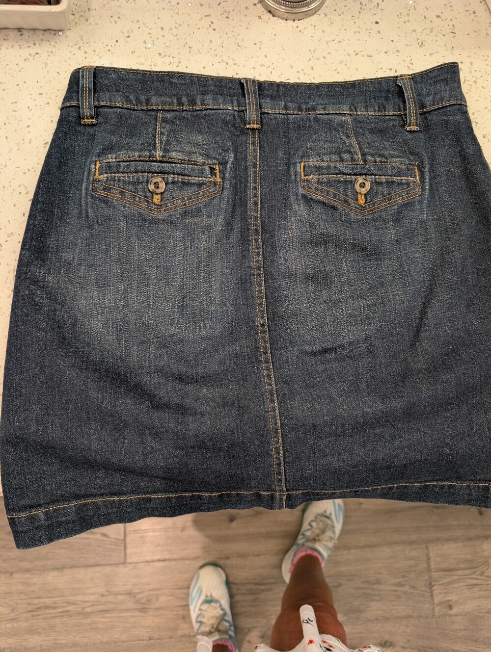 Sonoma Dark Blue Denim Mini Skort with Back Flap Pockets, Button Closure